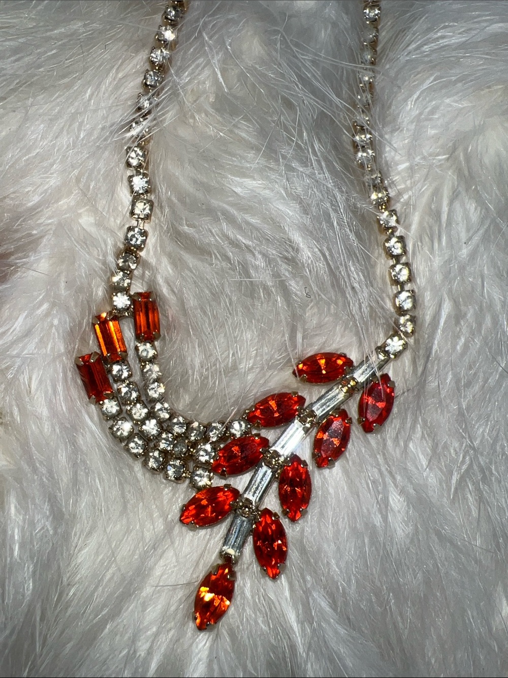 Vintage Antique Crystal Rhinestone Gold Orange Marquise Accents Necklace